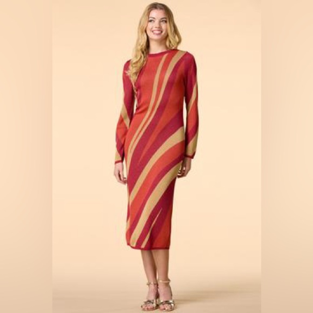 NWT Long Sleeve Print MIDI Dress Women’s Size Medium Gold Rust